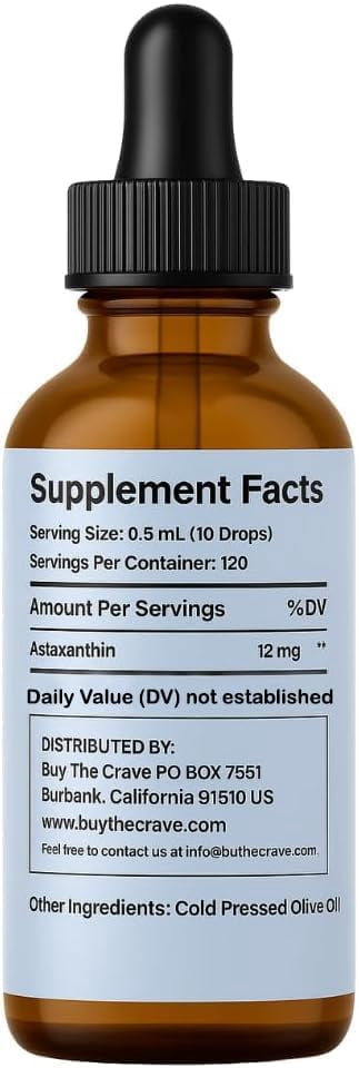 Astaxanthin Liquid Drops Infused with Cold Pressed Extra Virgin Olive Oil – 12mg per Serving – Natural Antioxidant Support – 2 fl oz Dropper Bottle – Vegan, Non-GMO