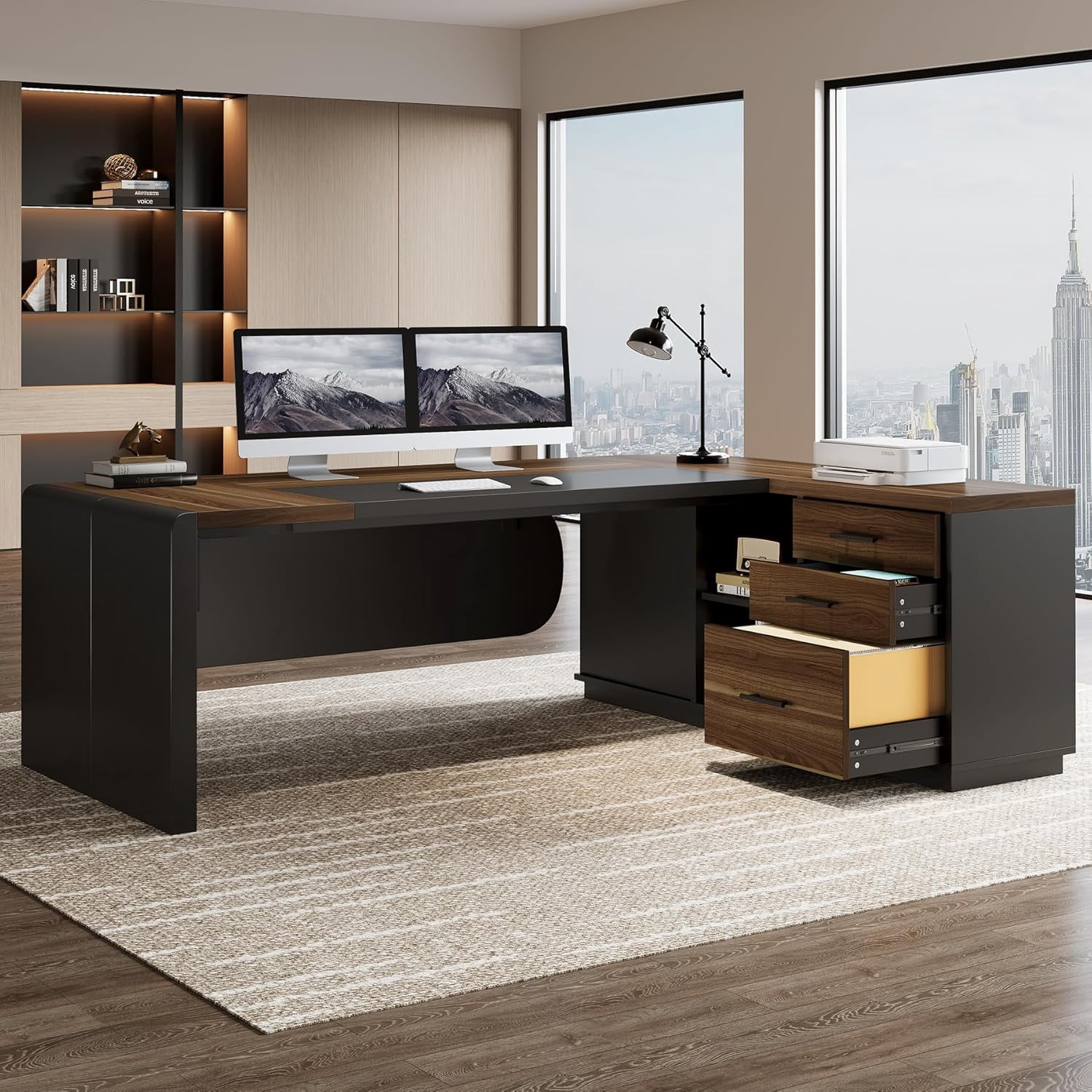 Finmind 80" L-Shaped Desk, Large Executive Office Desk with 55'' Drawers Cabinet