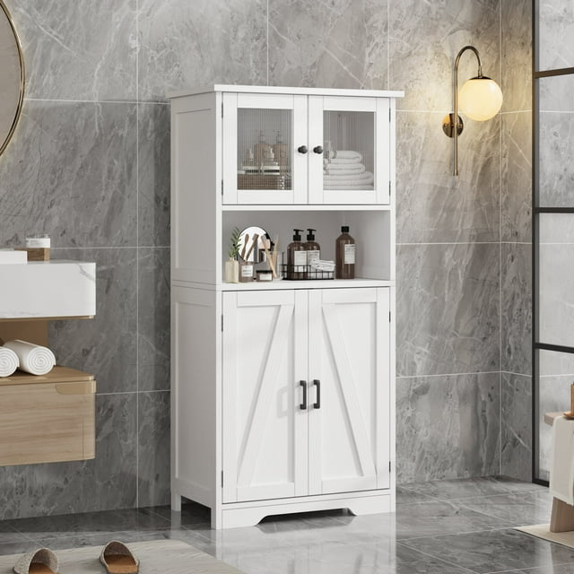 Cherish Modern Bathroom Storage Cabinet – Freestanding Kitchen Pantry with Glass Doors & Adjustable Shelves