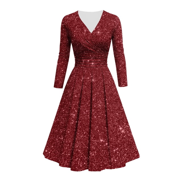 Vestido de Manga Corta para las Mujeres, Color Sólido V-Cuello Bling Bling Impresión Plegado Cintura Abrazar Vestido