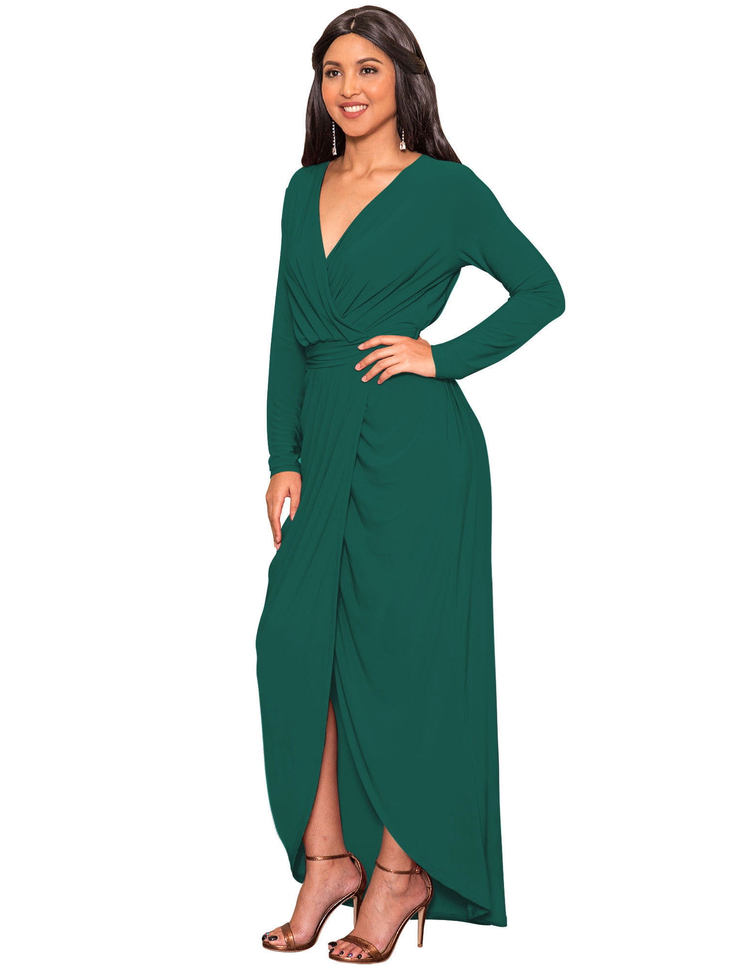 Koh Koh Long Sleeve Full Floor Length V-Neck Sexy Wrap Empire Waist Formal Dressy Winter Fall Cocktail Wedding Guest Party Tall Gown Maxi Dress for