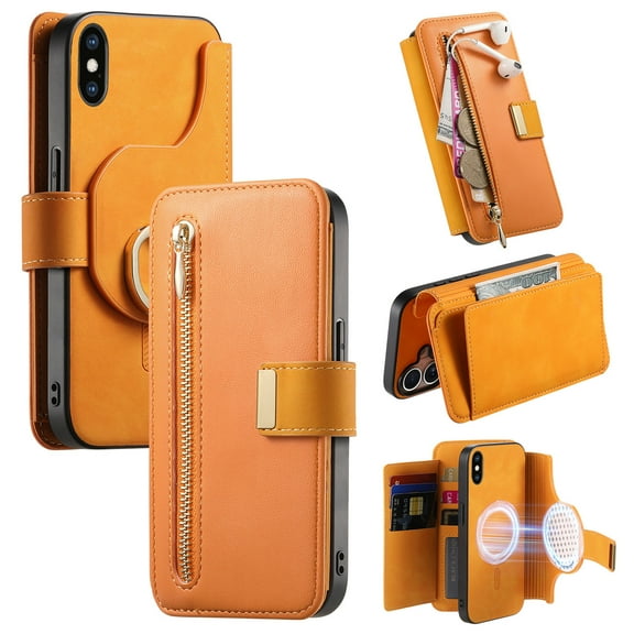 2 in 1 Wallet Case for Apple iPhone XS Max, Detachable Magnetic Back Cover Cards Slots Zipper Pocket Ring Holder Magnetic Closure Protective Drop Proof Case Cover for Women Men,Yellow