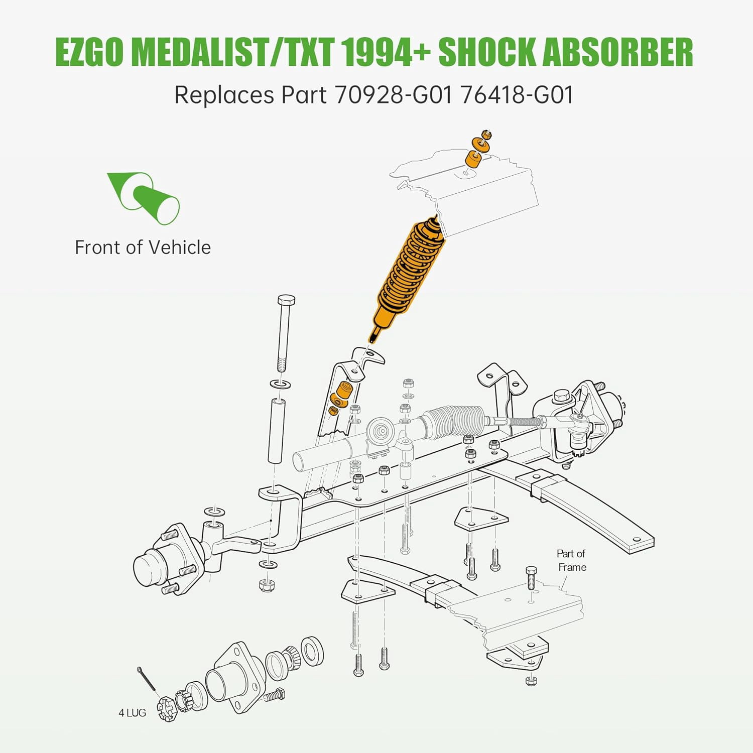 10L0L Golf Cart Front /Rear Shock Absorber Heavy Duty Coil Over Shocks for EZGO TXT Medalist 1994-up 76418-G01, 70928-G01, 70630-G01, 2pcs