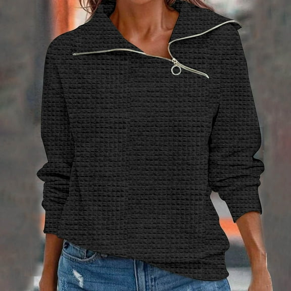 AXXD Black Basic Cute Tops for Women 2024 Spring New Retro Casual Neck Zipper Solid Color Sweater Plaid Pullover Sweater Top