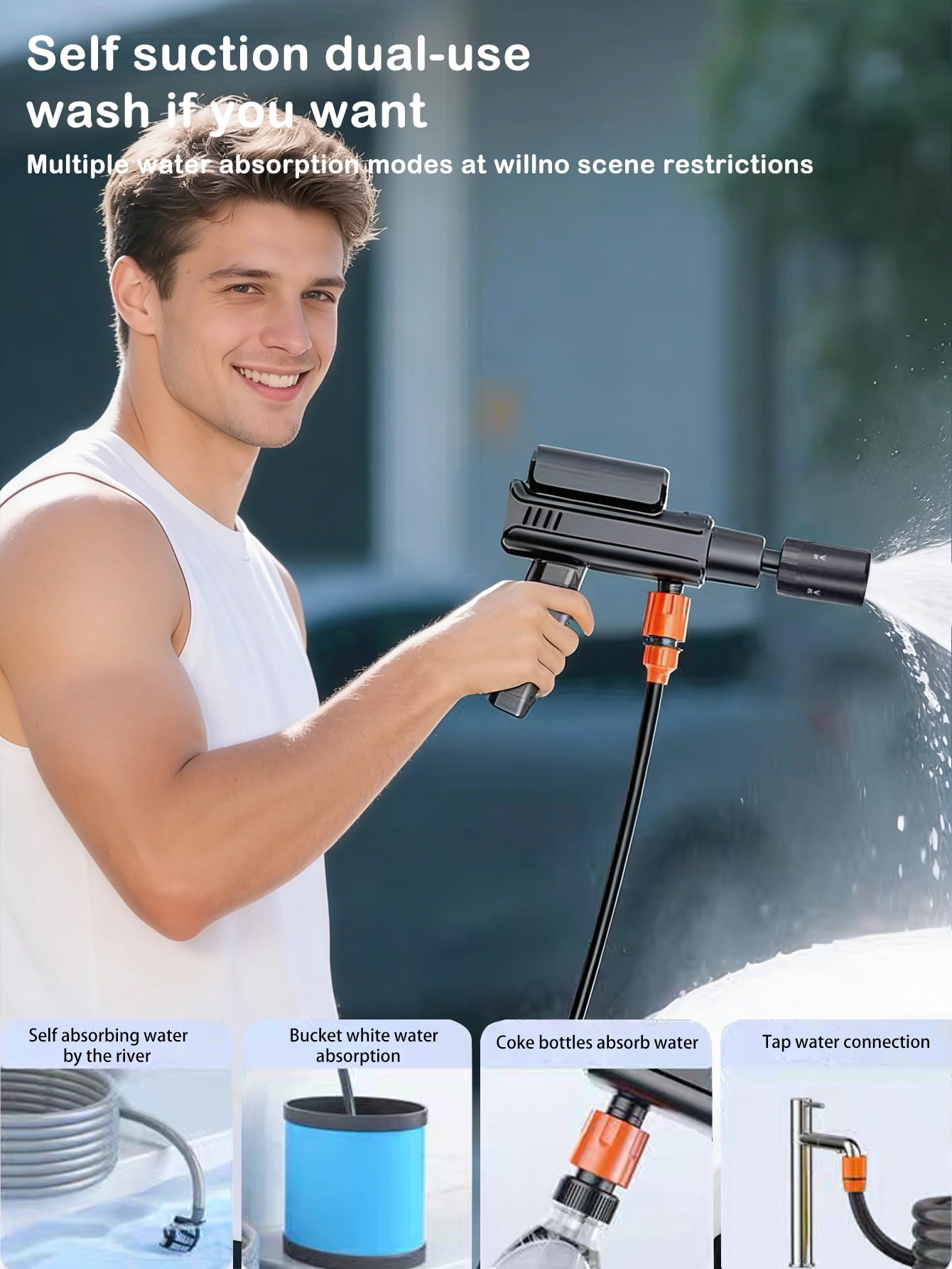 AKKHOO Cordless Pressure Washer 860PSI 1GPM, 3-Cell Battery Included, 5-in-1 Nozzle & 16.4ft Hose, Portable Power Cleaner for Car, Patio, Driveway
