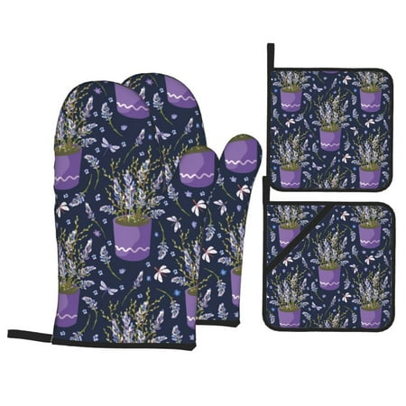 

Oven Mitts and Pot Holders 4 Piece Lavender Flowers Flowerpot High Heat Slip Resistant Oven Mitt and Trivets Set Kitchen Oven Glove Pot Holders for Cooking Baking Grilling