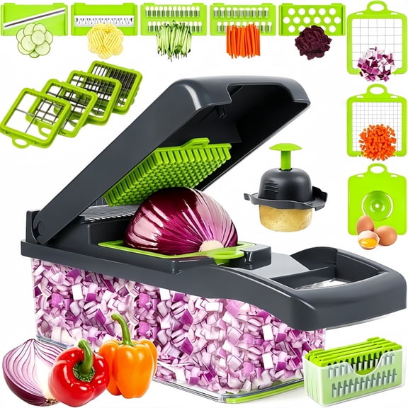 Vegetable Chopper, 16-in-1 Vegetable Slicer, 8 interchangeable accessories,Multifunctional Vegetable Cutter, Food Chopper, Onion Slicer, Cheese Grater, Salad Chopper Kitchen Gadgets & Acces(Green)