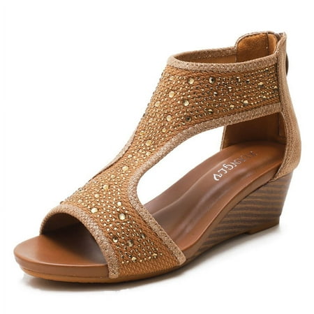 

Wedge Sandals for Women Cutout Peep Toe Mid Heel Rhinestones Fashion Breathable Beach Sandals