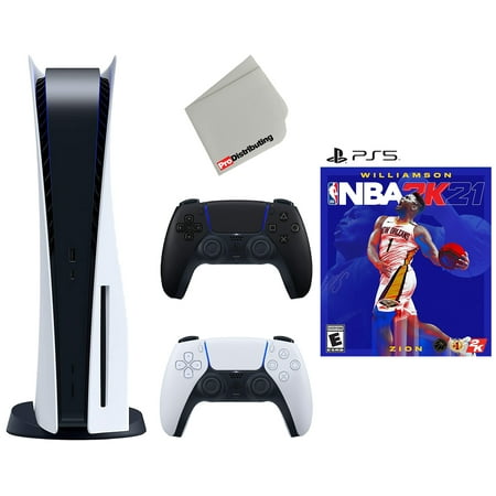 Restored Sony Playstation 5 Disc Version with Extra Controller, NBA 2K21 and Cleaning Cloth Bundle - Midnight Black (Refurbished)