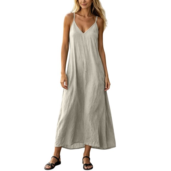 Drses Women's Solid Color Spaghetti Strap Maxi Sundress, V Neck Backless Sleeveless Cami Long House Lounge Dress Loose Fit Flowy Casual Comfy Summer Indoor Beach Vacation Outfits
