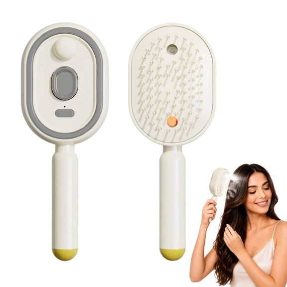 Steam Hair Brush, Electric Steam Brush and Spray Air Cushion Massage Comb, 5-in-1 Steam Brush for Hair with Detangling, Self-Cleaning and Gloss-Enhancing Care for Dry Frizzy Hair, Beige