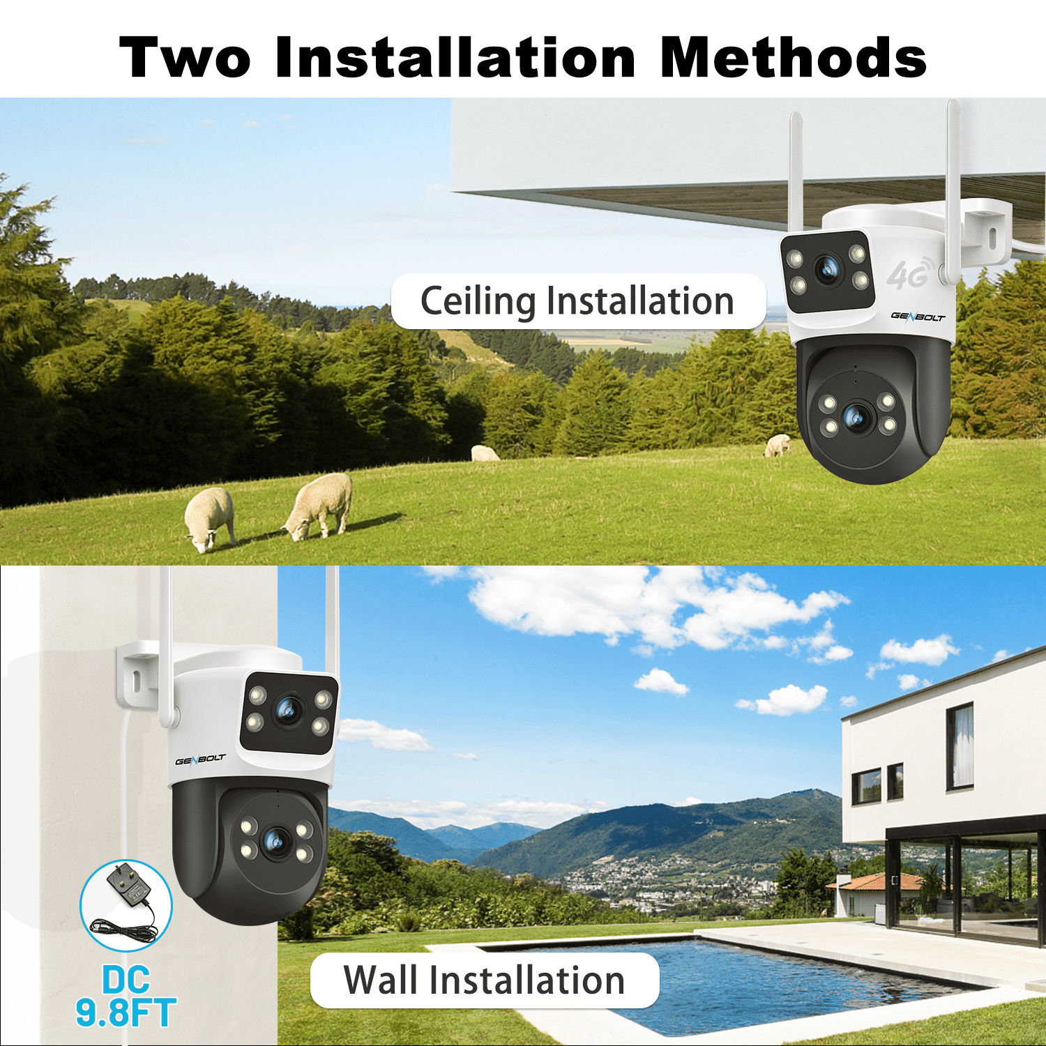 GENBOLT 4G LTE Cellular Security Camera Outdoor No WiFi, Dual Lens PoE Surveillance Camera CCTV with Sim Card, 24/7 Recording Plug in Wired IP Cam with Auto Tracking Human Detection