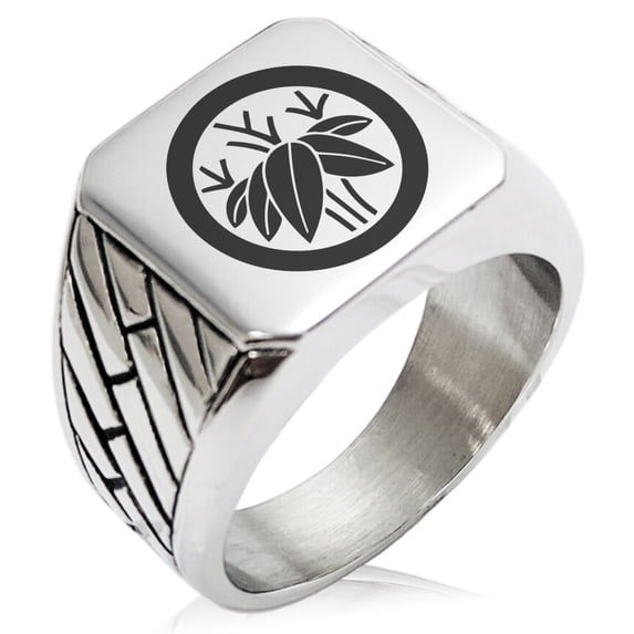 Stainless Steel Bamboo Kamon Crest Geometric Pattern Biker Style Polished Ring