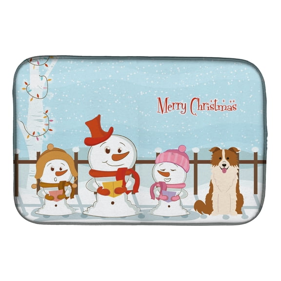 Merry Christmas Carolers Border Collie Red White Dish Drying Mat