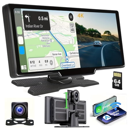 4K Dual-Camera Car DVR with 10.26" Screen, Wireless CarPlay/Android Auto, WiFi, Loop Recording, Reverse Camera, Voice Control, Includes 64GB Card