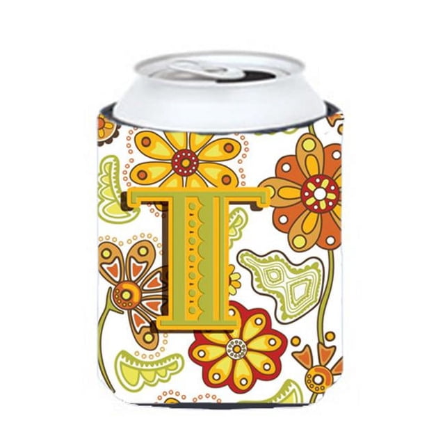 Carolines Treasures CJ2003-TCC Letter T Floral Mustard And Green Can & Bottle Hugger