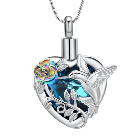 Rose Flower Hummingbird Blue Stone Heart Urn Pendant Cremation Jewelry for Ashes Holder Human Pet Memory Necklace Women Men Memorial Jewelry