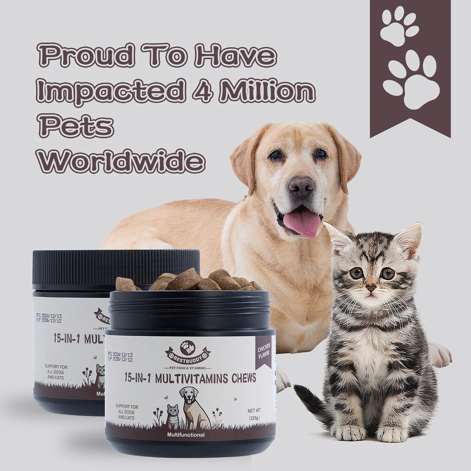 Best Buddy Multivitamin 15-in-1 Treats for Dogs, Complete Health Supplement Joint Support + Digestive Enzymes, Grain Free Dog Vitamins and Supplements for Skin & Coat (Chicken, 225g)