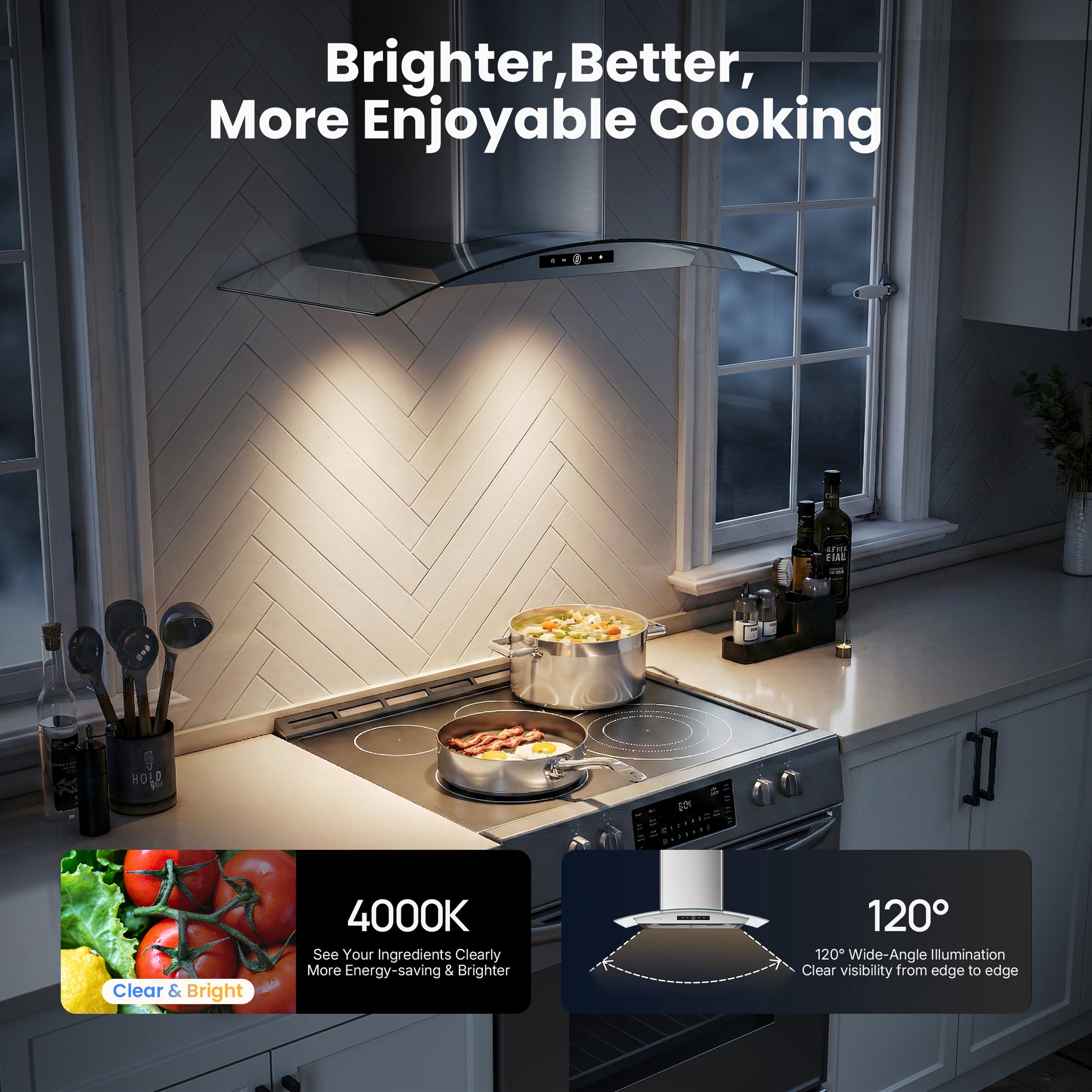 VIKIO 36 in. Wall Mount Range Hood in Stainless Steel and Curved Glass with 3-Speed Fan, Convertible Ducted and Ductless Installation, Touch Control, LED Lights and Carbon Filters Included