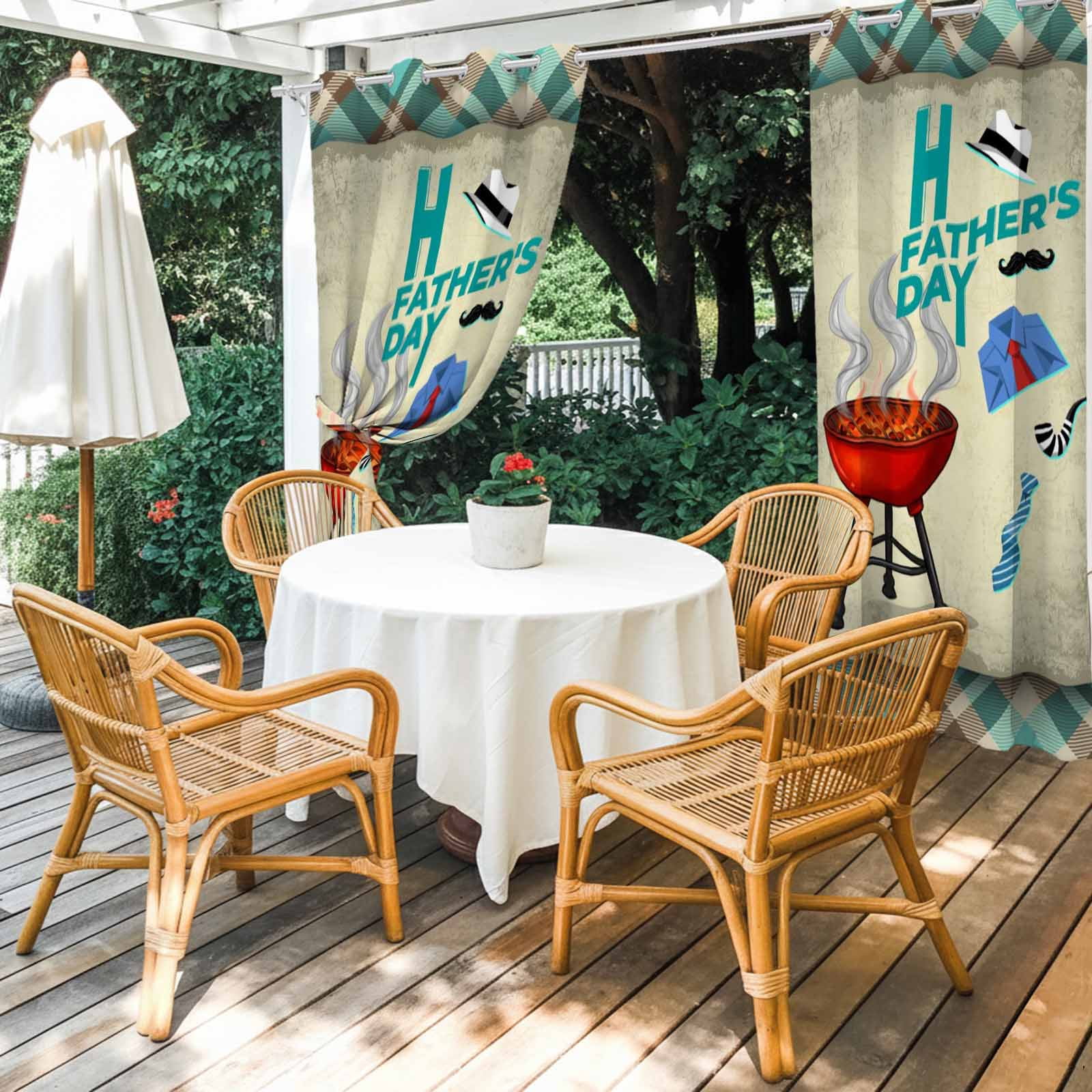 Father's Day Outdoor Curtains for Patio, Retro Barbecue Shirt Tie Beard Teal Plaid Waterproof Outside Curtains Privacy Blackout Curtain for Porch Pergola Cabana, 2 Panel 54W x 95L Inch