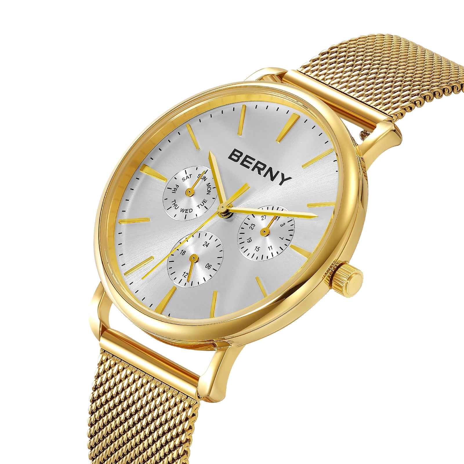 BERNY Quartz Watch for Unisex ( Men and Women), Classic Waterproof Men's Wirstwatch with Multifunctional Dials, Quick Release Stainless Steel Mesh Band,Gold &Silver