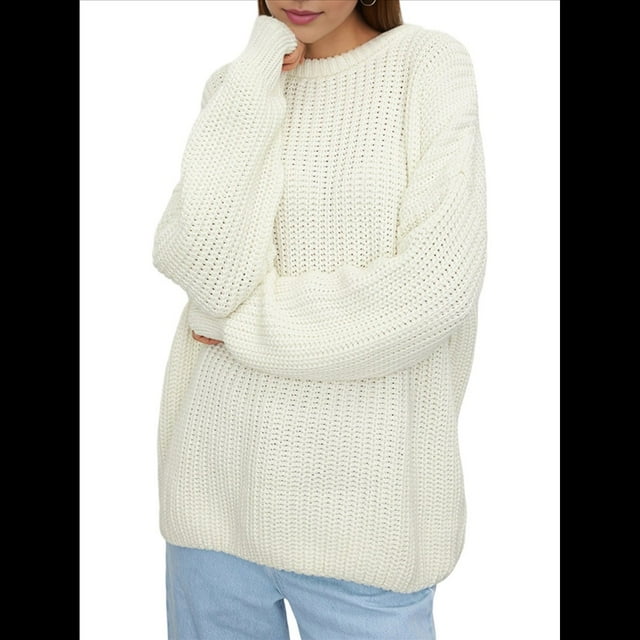 Suéter de Cuello Redondo para Mujer, Larga, Farol, Tejido , Holgado e Informal Crema L
