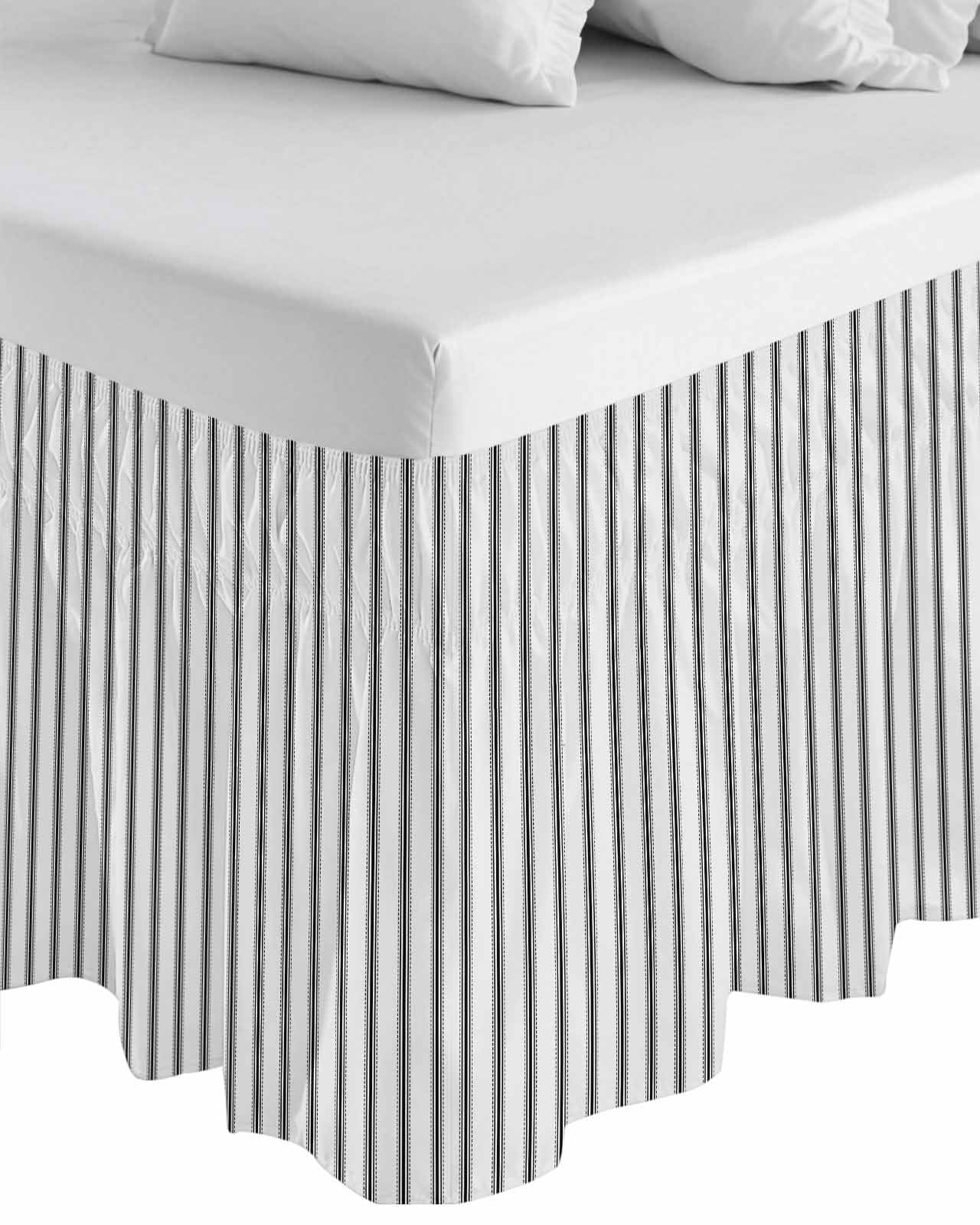 Black Striped Bed Skirt King Size, Black White Stripes Farmhouse Wrap Around Bed Skirting with Adjustable Elastic Strap, Dust Ruffle Pleated Bedskirts 16 Inch Drop for Bedroom King Beds