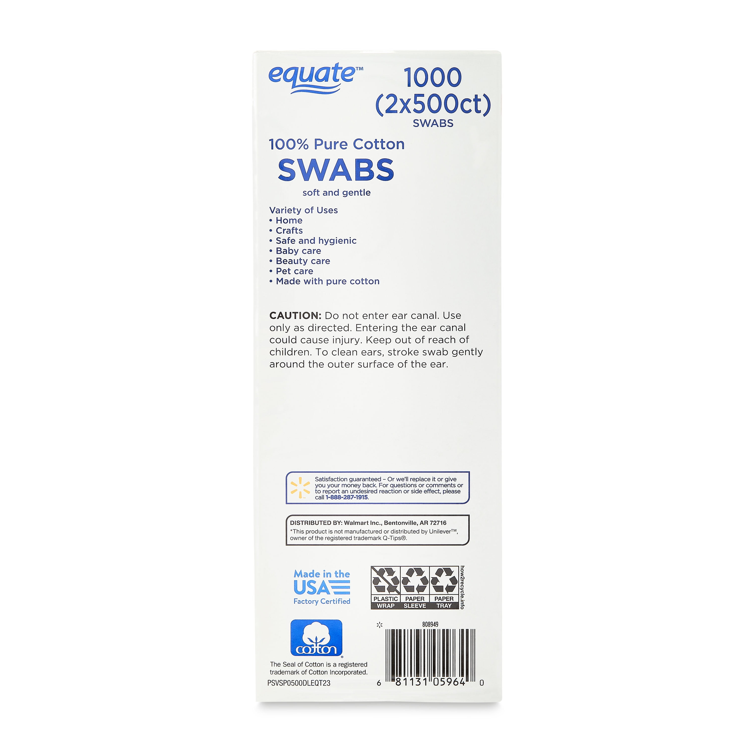 Equate 100% Pure Cotton Swabs, 500 Count, 2 Pack