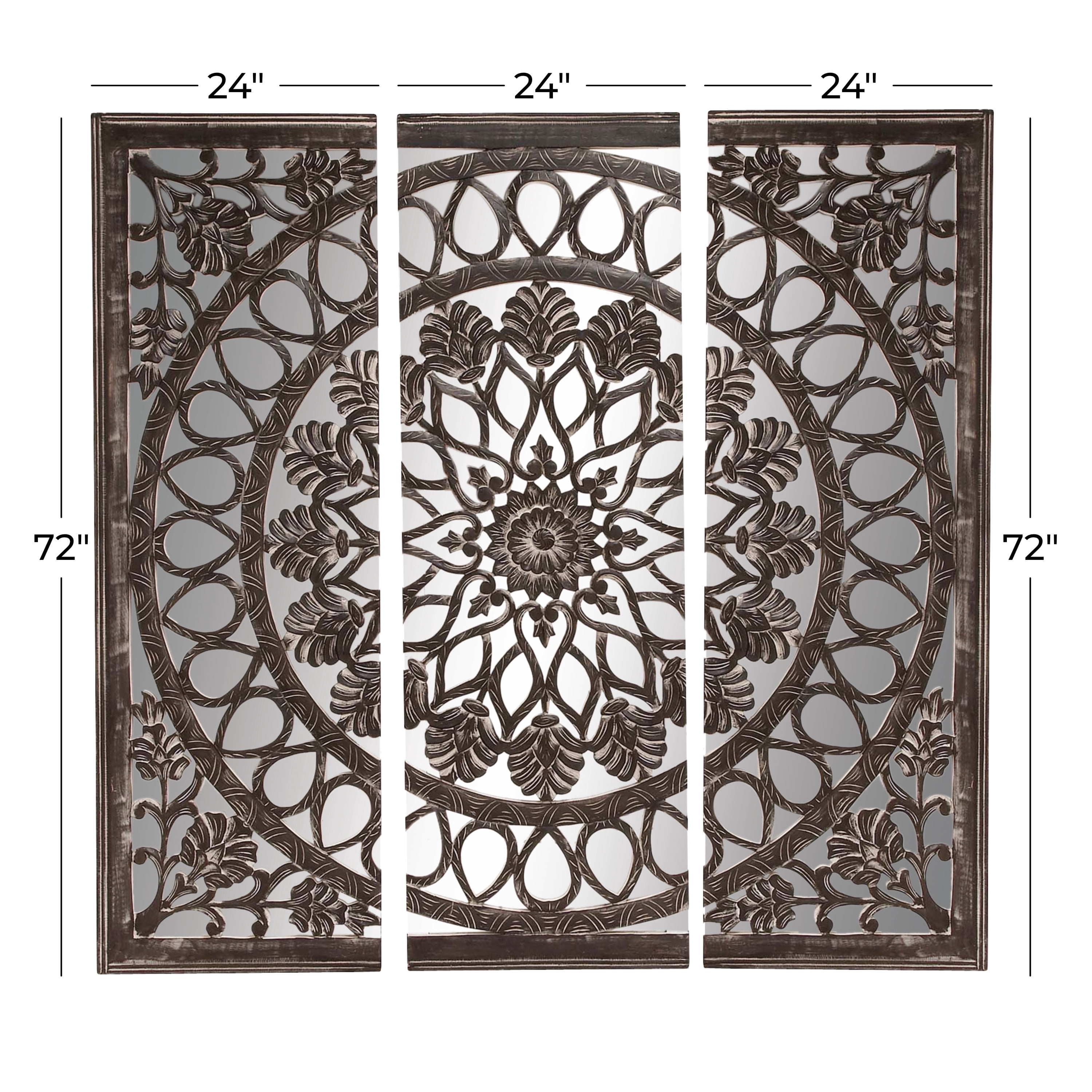 DecMode Black Wooden Handmade Carved Mandala Floral Wall Decor with Mirrored Back Frame (3 Count)