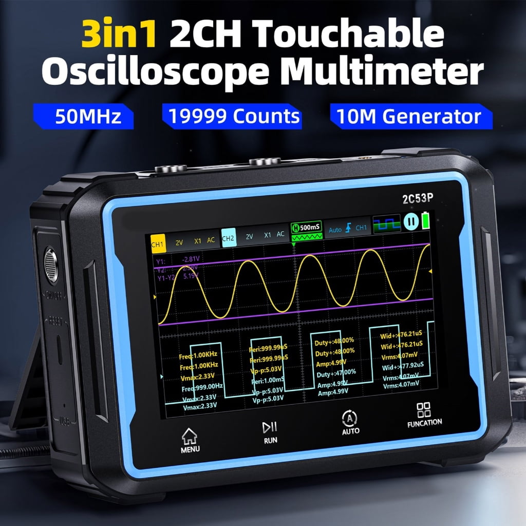 Oscilloscope 2CH Digital Oscilloscope Multiumeter 3 in 1 50MHz Bandwidth 4.3" Display Multiumeter OSC+DMM+Waveforms