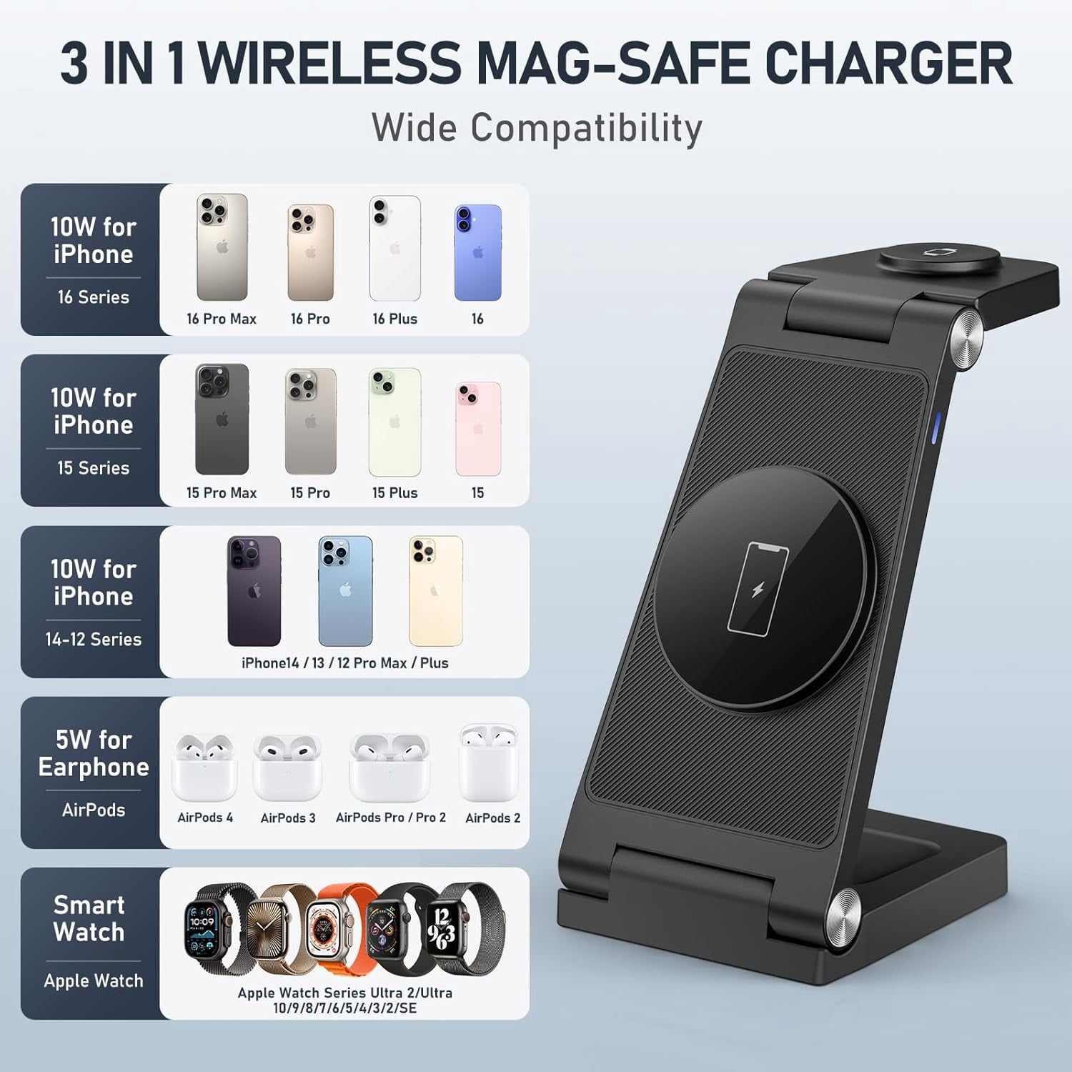 Magnetic Wireless Charger Stand, 3 in 1 Foldable Wireless Charging Station, Travel Charger for Multiple Devices for iPhone 16 15 14 13 12 Series, Apple Watch Ultra/9/8/7/6/5/4/3/2, AirPods,Black