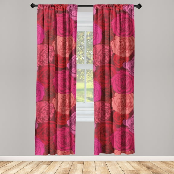 Rose Pattern Window Curtains, Flowers Vintage Neutral Colors Boho Springtime Art Paintings Print, Lightweight Decor 2-Panel Set with Rod Pocket, Pair of - 28"x63", Hot Pink Coral Maroon, by Ambesonne