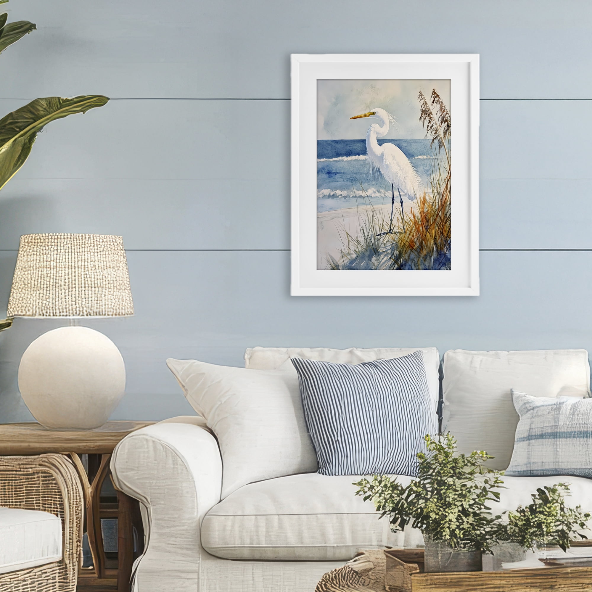 Stupell Industries Egret By The Waves White Framed Print Under Glass, design by Petal Prints Design