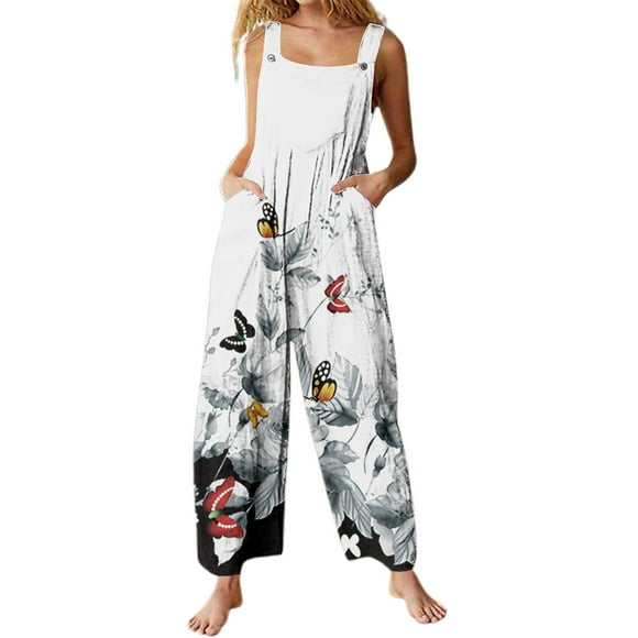 Summer Romper for Women Strappy Athletic Romper Overall Sleeveless Wide Leg Casual Printed Straight Leg Loose 2025 Fashion Rompers Jumpers with Pockets