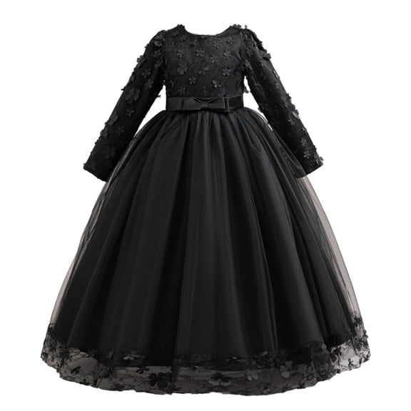 JSGEK Girls Flower Vintage Floral Lace 3/4 Sleeves Floor Length Dress Wedding Party Evening Formal Pegeant Dance Gown Black 11-12Years