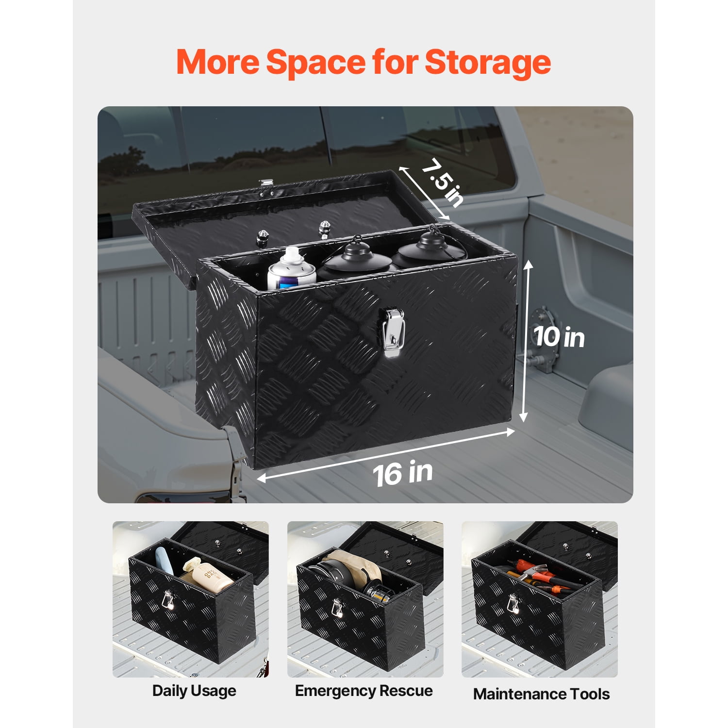 KFFKFF Durable Aluminum Truck Bed Tool Box, Textured Storage Box with Side and Top Handles, Organizer Chest for Trailers, Pickups, RVs, 16"x7.5"x10", Black