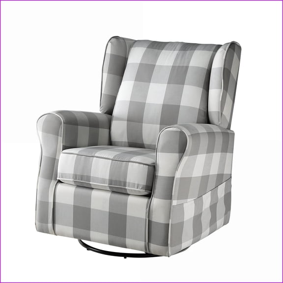 Swivel Glider Chair, Traditional Wingback Rolled Arm, Light Gray & Off-White Checkerboard Plaid | Wood Fabric | Light Gray