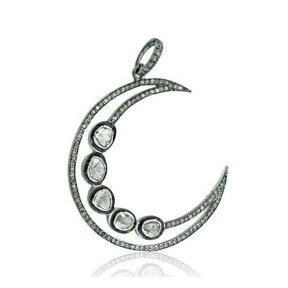 925 Sterling Silver Diamond Crescent Moon Pendant Polki Diamond Moon Necklace.