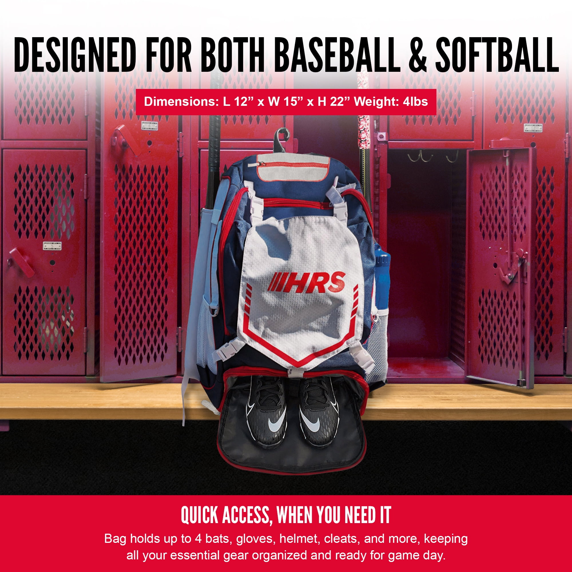 Hit Run Steal Bat Bag Backpack Holds 4 Bats, Glove & Helmet, Red/White/Blue