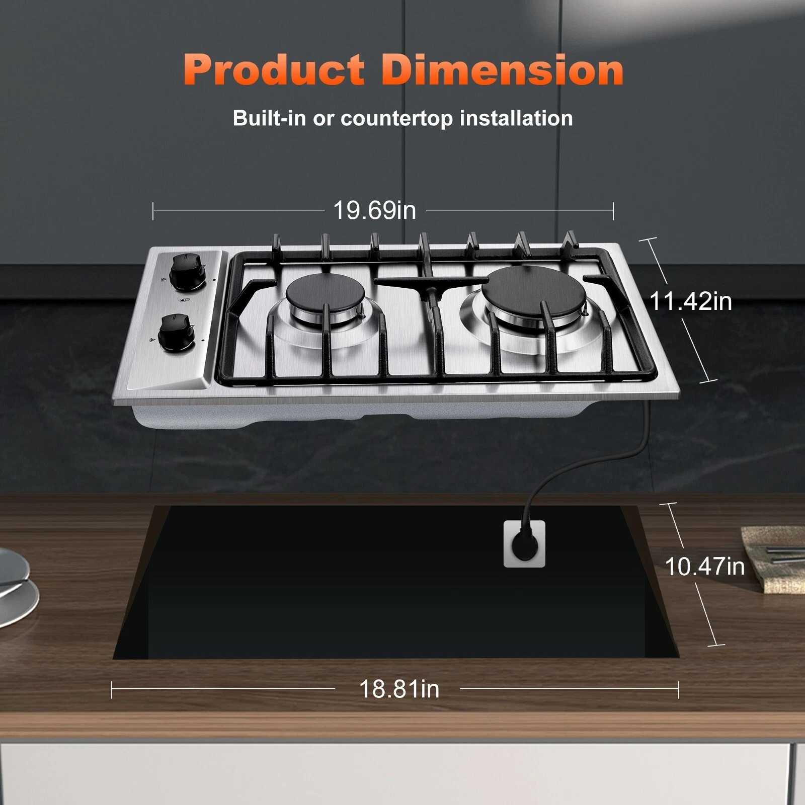 2 Burners 12 inch Gas Cooktop Stainless Steel NG/LPG Convertible Built-in Burner Cooktop