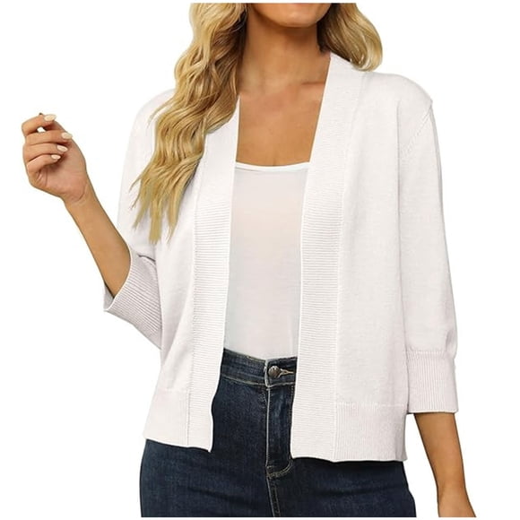 SZJXBUY Shrug Cardigan for Women Dressy Summer Casual Soft 3/4 Sleeve Cropped Cardigans Open Front Short Shrugs Daily Wear White,L