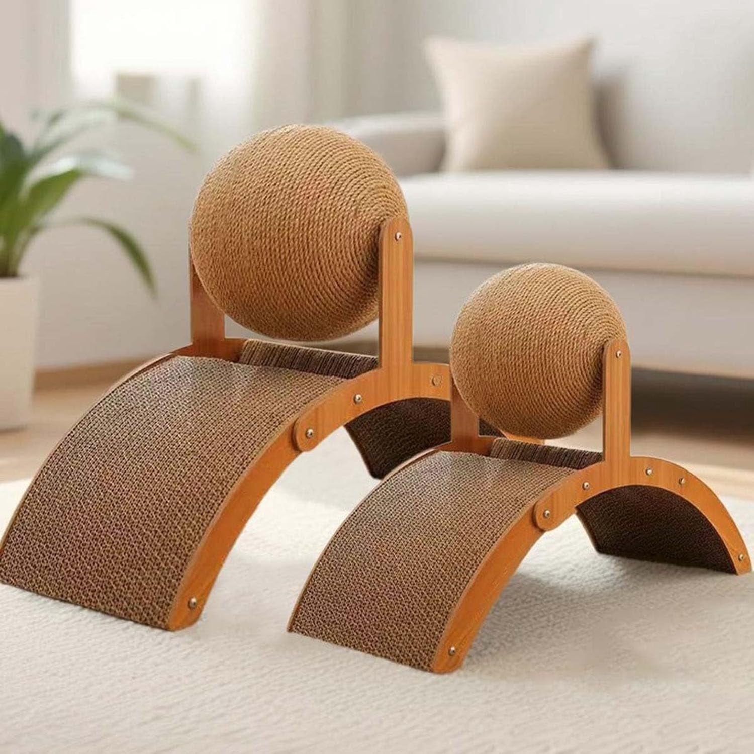 Cat Scratching Ball On Stand - Solid Wood Interactive Cat Scratcher, with Arch Bridge and 360° Rotating Natural Sisal Ball for Indoor Cat Kittens (Small)