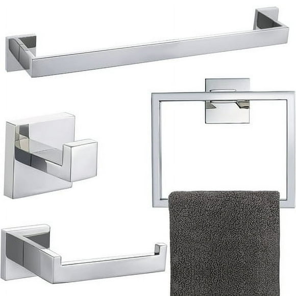 4-Piece Bathroom Hardware Set Chrome Bath Towel Bar Holder Sets Wall Mounted Stainless Steel Bathroom Accessory Kit, Polished Chrome 23.6 Inch