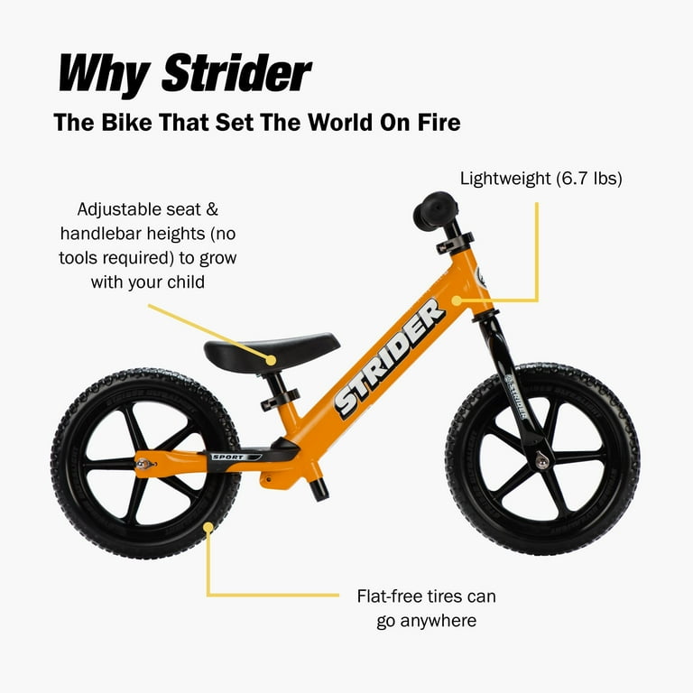 Strider 12” Sport Bike, Orange - No Pedal Balance Bicycle for Kids