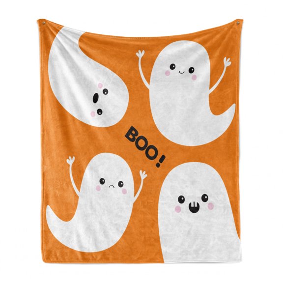 Ghost Soft Flannel Fleece Throw Blanket, Flying Ghost Characters with Childish Smiling Sad Faces on Orange, Cozy Plush for Indoor and Outdoor Use, 50" x 60", Orange Black and White, by Ambesonne
