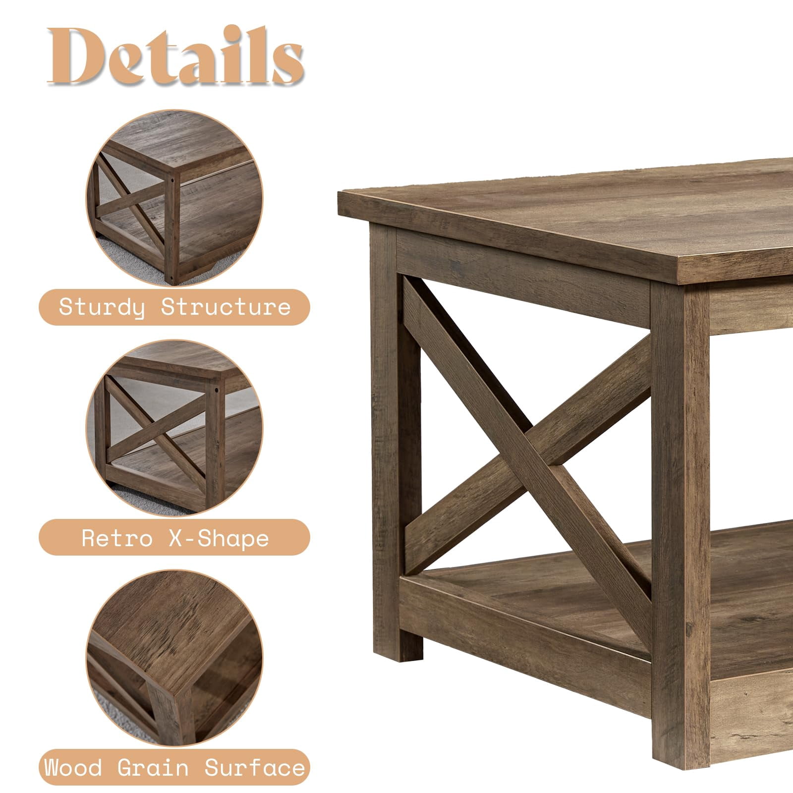 LUXOAK 3-Piece Farmhouse Table Set, Coffee Table & Two End Tables with Charging Station, Barnwood