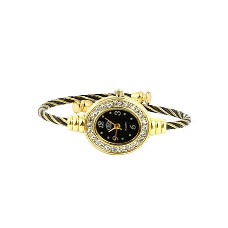 Women Twisted Band Bracelet Bangle Rhinestone Quartz Wrist Watch Black Gold Tone