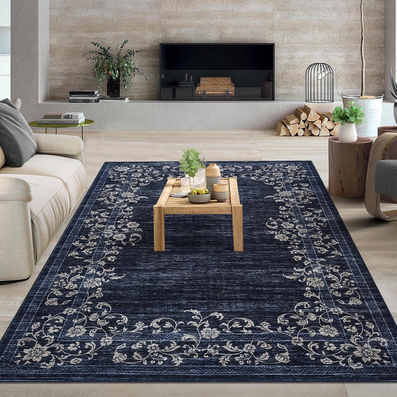 Hasoo Modern Washable Indoor Carpet 9' x 12' Navy Area Rug for Living Room Geometric Border Floral Pattern Non-slip polyester Room Decor Rug