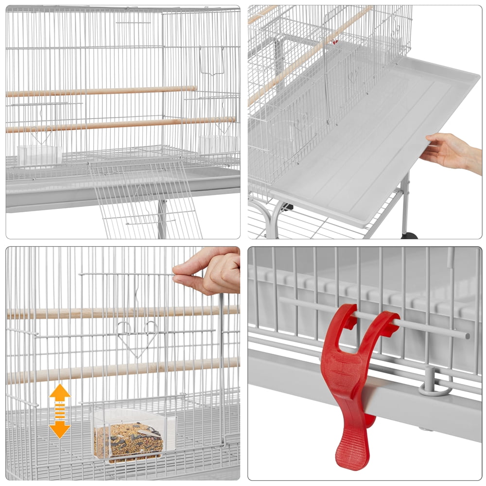 Renwick 47"H Rolling Stand Flight Metal Bird Cage with Slide-Out Tray for Small Birds, Light Gray