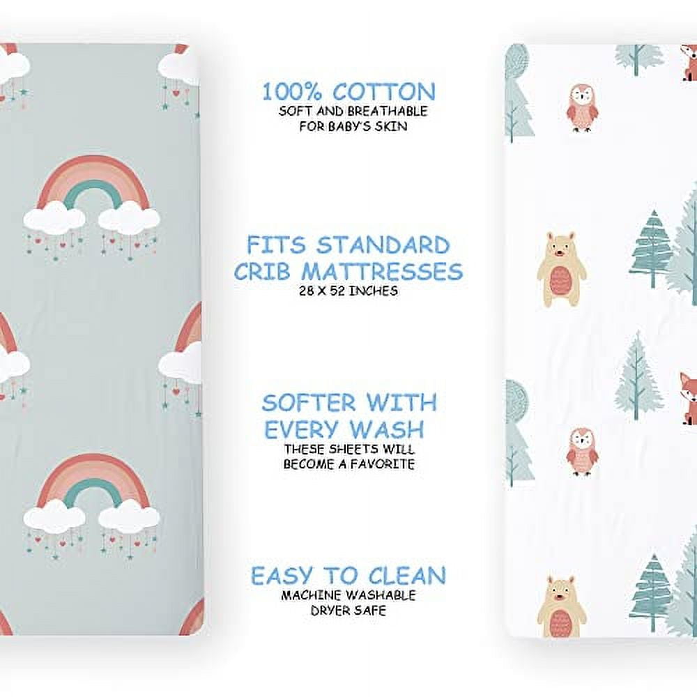 JumpOff Jo - 2 Pack Fitted Cotton Crib Sheet for Baby, Crib Mattress, 28 in. x 52 in. - Woodland Rainbow